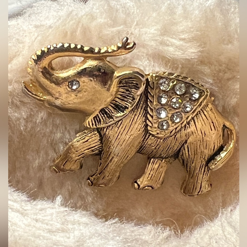 Vintage Gold Elephant Brooch with Rhinestones